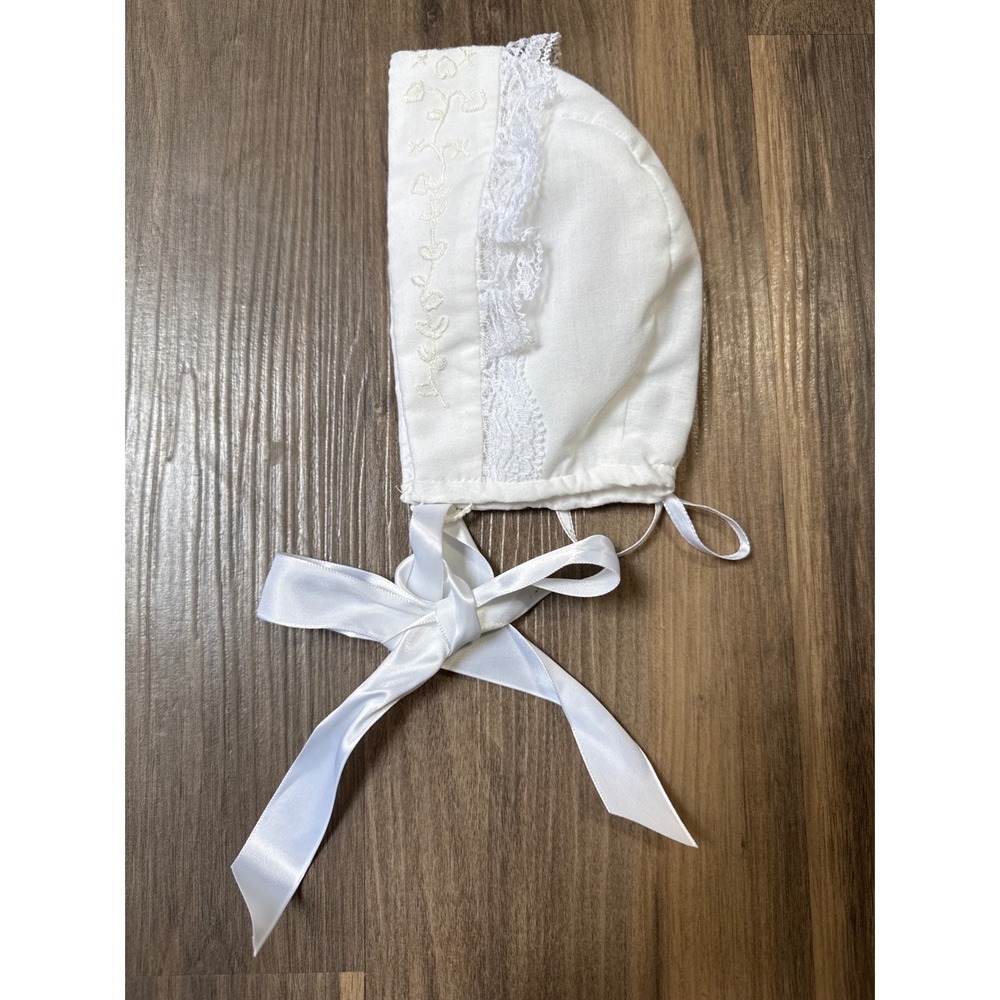 Lace Bonnet Baby OS White Satin Ribbon Embroidery Christening Baptism